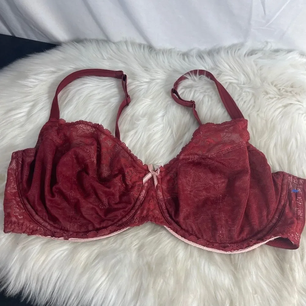 Cacique Wine Red Lace Full Coverage Unlined Bra Sz 44DD‎